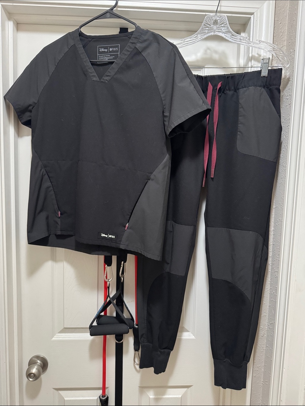 Disney Black Jogger Scrub Set with Butgundy Drawstring